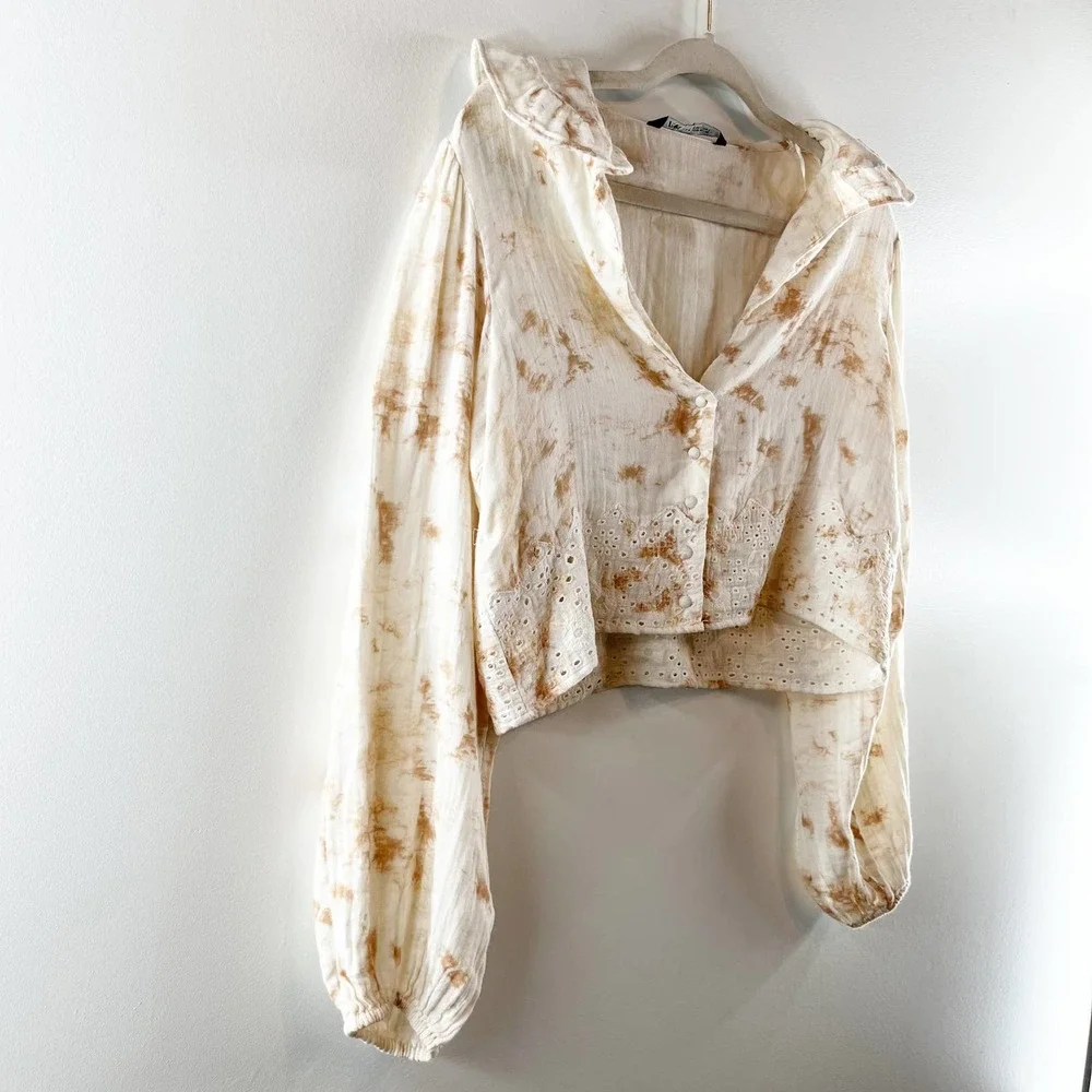 Zara Cream Tie-Dye Eyelet Lace Cropped Blouse